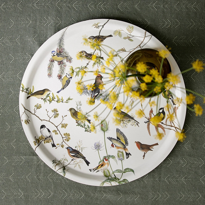 Bandeja para servir de madera de abedul con diseño de pájaros de jardín