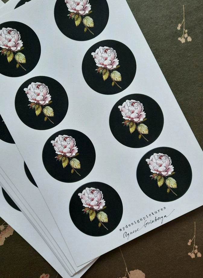 Juego de 8 pegatinas vintage con rosa sobre negro