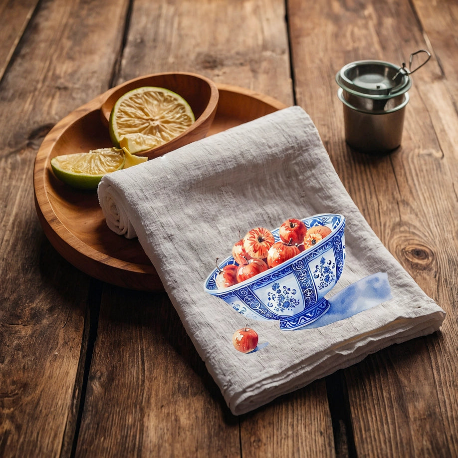 Paño de cocina 100% lino con estampado de Lazo de Manzanas - 2 Unds.