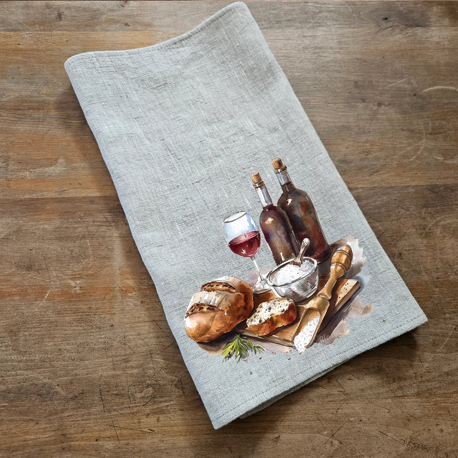 Paño de cocina 100% lino con estampado de Pan y Vino - 2 Unds.