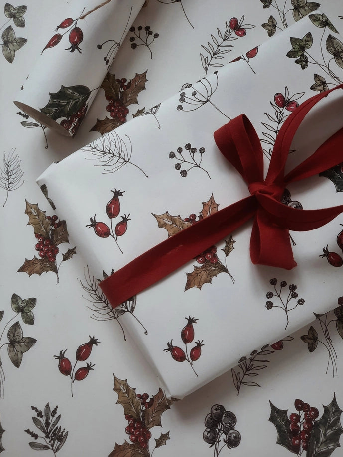 Juego de 3 piezas de papel de regalo con flores de invierno de color blanco puro