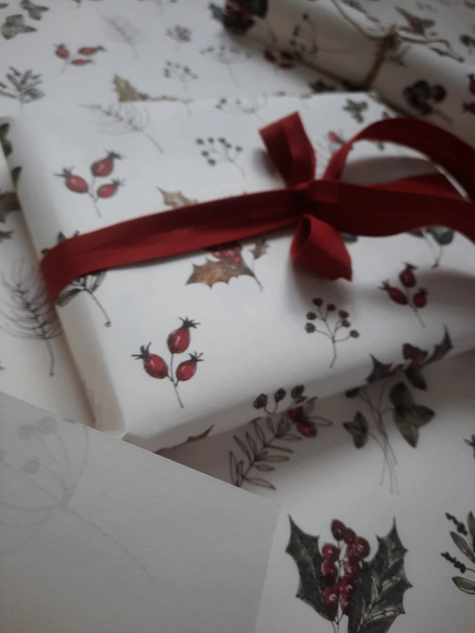 Juego de 3 piezas de papel de regalo con flores de invierno de color blanco puro