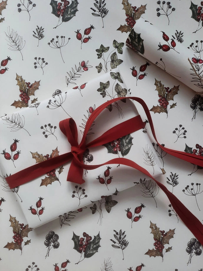 Juego de 3 piezas de papel de regalo con flores de invierno de color blanco puro