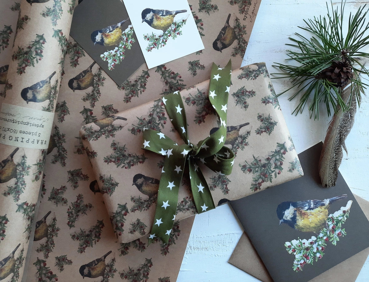 Juego de 3 piezas de papel de regalo Kraft Tit Bird