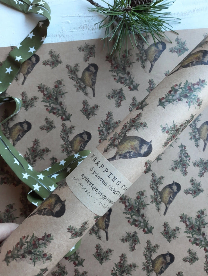 Juego de 3 piezas de papel de regalo Kraft Tit Bird