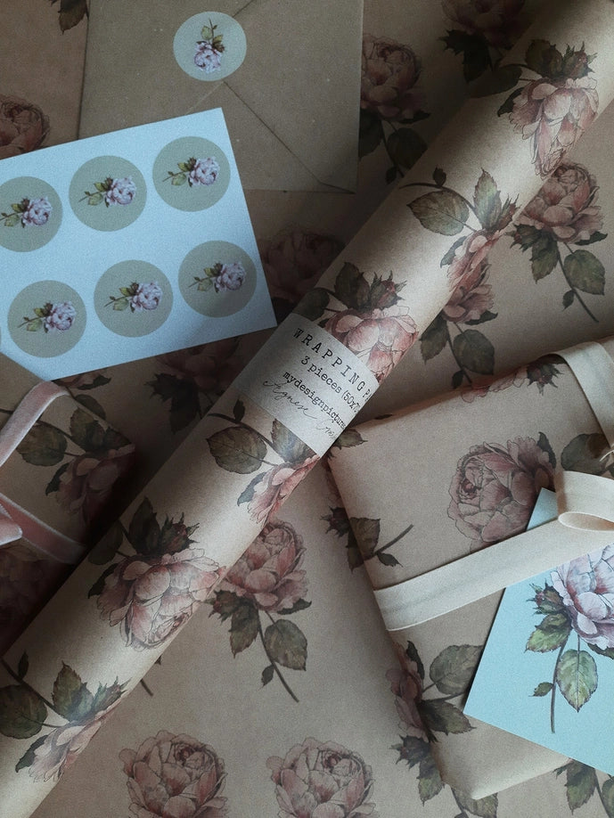 Juego de 3 piezas de papel de regalo vintage Rose Kraft