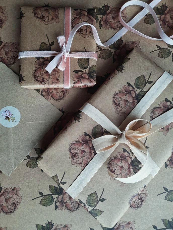 Juego de 3 piezas de papel de regalo vintage Rose Kraft