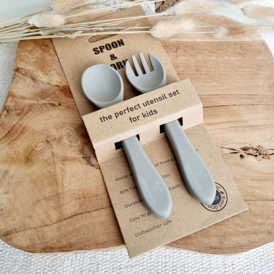 Cuchara y tenedor de silicona - Sage