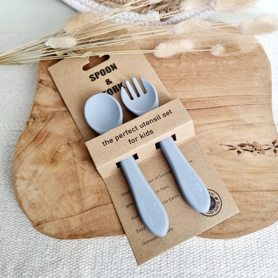 Cuillère et Fourchette en Silicone - Bleu Grisâtre