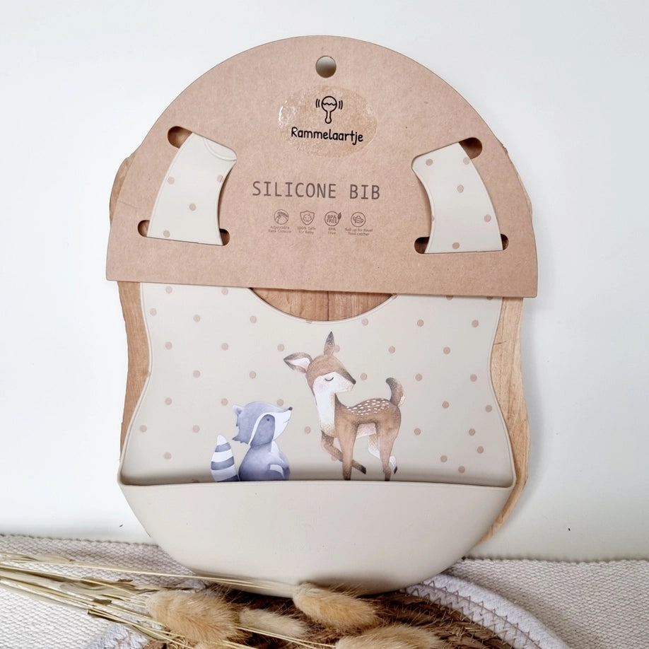 Babero de silicona con bandeja de recogida con ciervos y mapaches - Beige