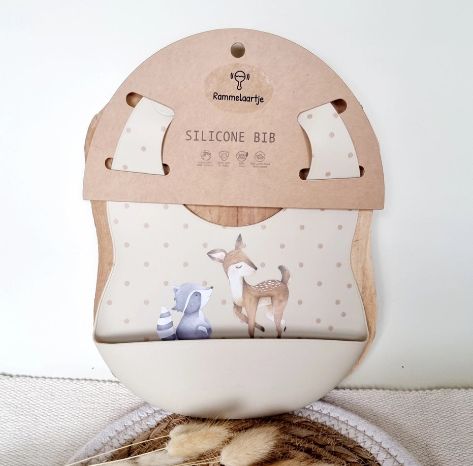 Babero de silicona con bandeja de recogida con ciervos y mapaches - Beige