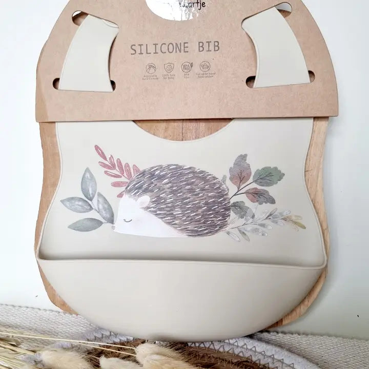Babero de silicona con bandeja de recogida Hedgehog - Beige